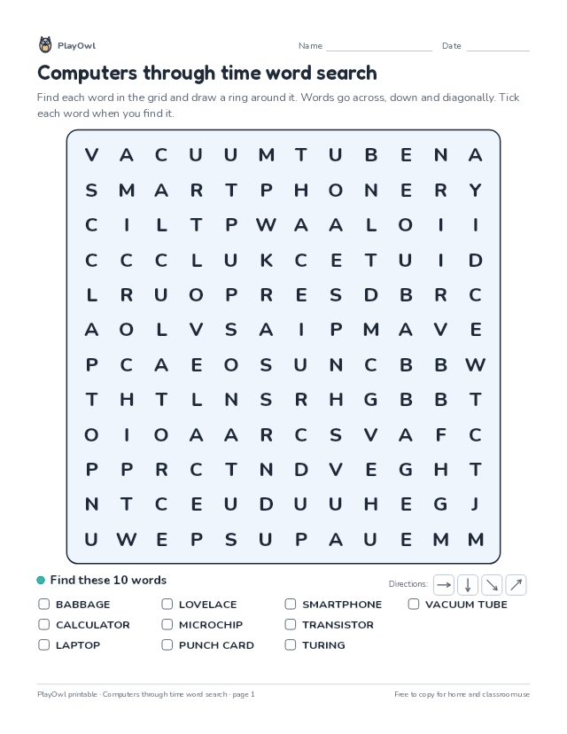 Computers through time word search: word search for Grade 4, page 1 preview