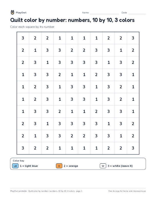 Quilt color by number: numbers, 10 by 10, 3 colors: color-by-number page for Grade 4, page 1 preview