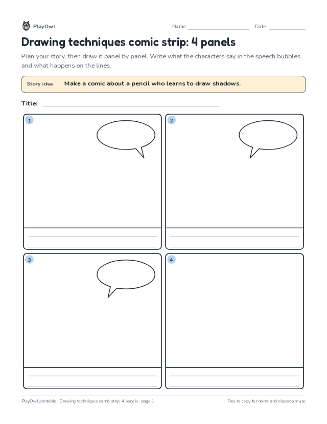 Drawing techniques comic strip: 4 panels: comic strip worksheet for Grade 4, page 1 preview