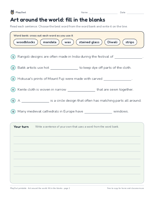 Art around the world: fill in the blanks: fill-in-the-blank worksheet for Grade 4, page 1 preview