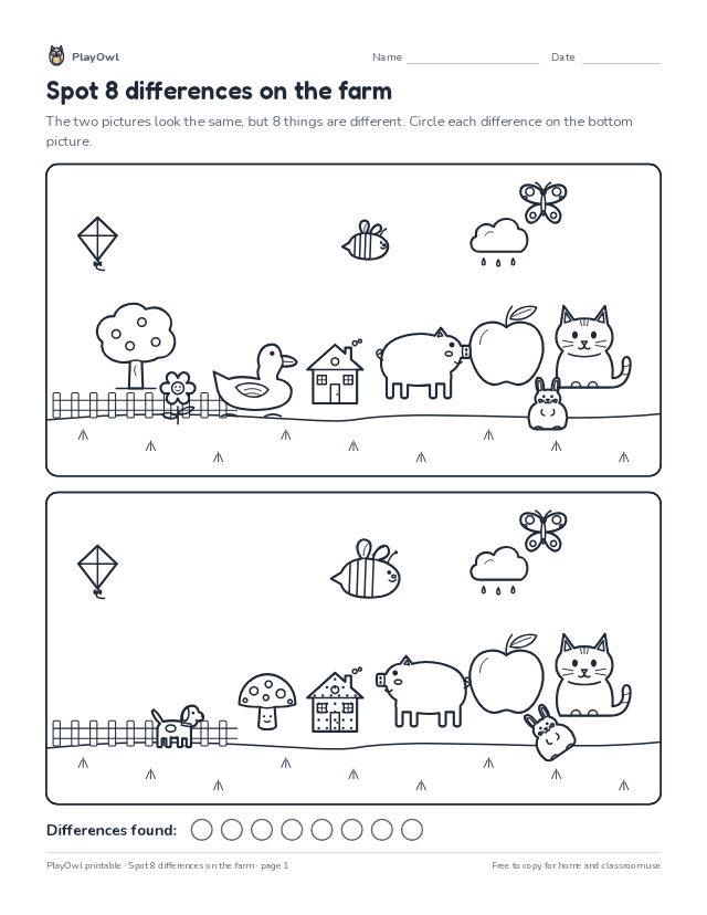 Spot 8 differences on the farm: spot the difference puzzle for Grade 4, page 1 preview