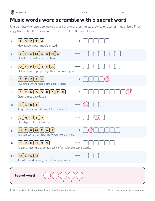 Music words word scramble with a secret word: word scramble for Grade 4, page 1 preview