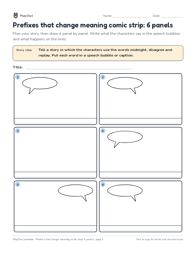 Prefixes that change meaning comic strip: 6 panels: comic strip worksheet for Grade 4, page 1 preview