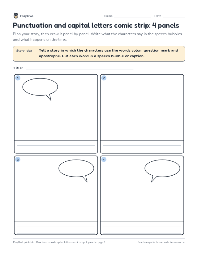 Punctuation and capital letters comic strip: 4 panels: comic strip worksheet for Grade 4, page 1 preview