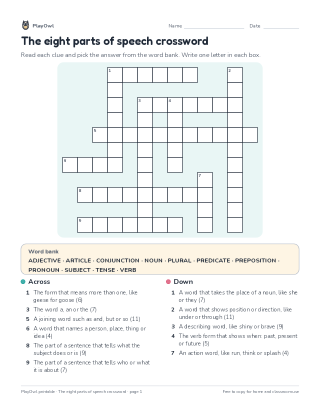 The eight parts of speech crossword: crossword puzzle for Grade 4, page 1 preview