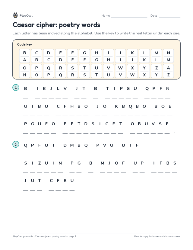 Caesar cipher: poetry words: secret code puzzle for Grade 4, page 1 preview