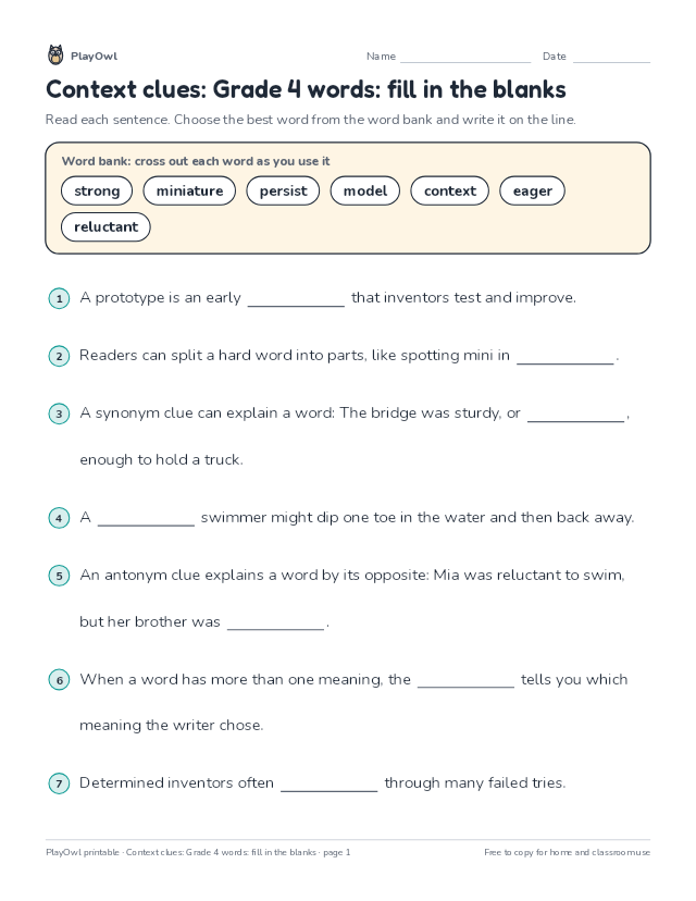 Context clues: Grade 4 words: fill in the blanks: fill-in-the-blank worksheet for Grade 4, page 1 preview