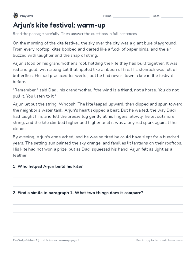 Arjun's kite festival: warm-up: reading passage for Grade 4, page 1 preview
