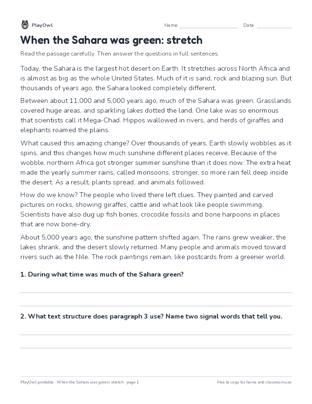 When the Sahara was green: stretch: reading passage for Grades 4–5, page 1 preview