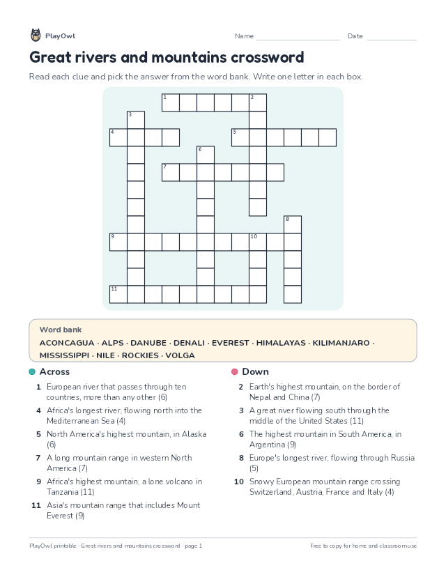 Great rivers and mountains crossword: crossword puzzle for Grade 4, page 1 preview