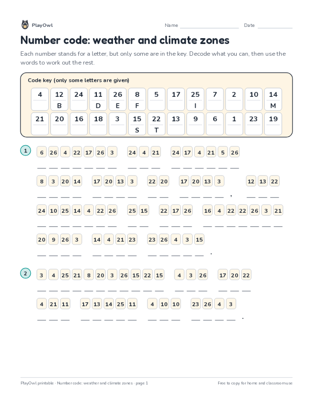 Number code: weather and climate zones: secret code puzzle for Grade 4, page 1 preview