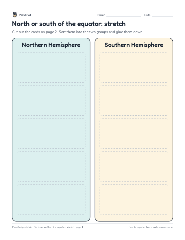 North or south of the equator: stretch: cut-and-sort worksheet for Grades 4–7, page 1 preview
