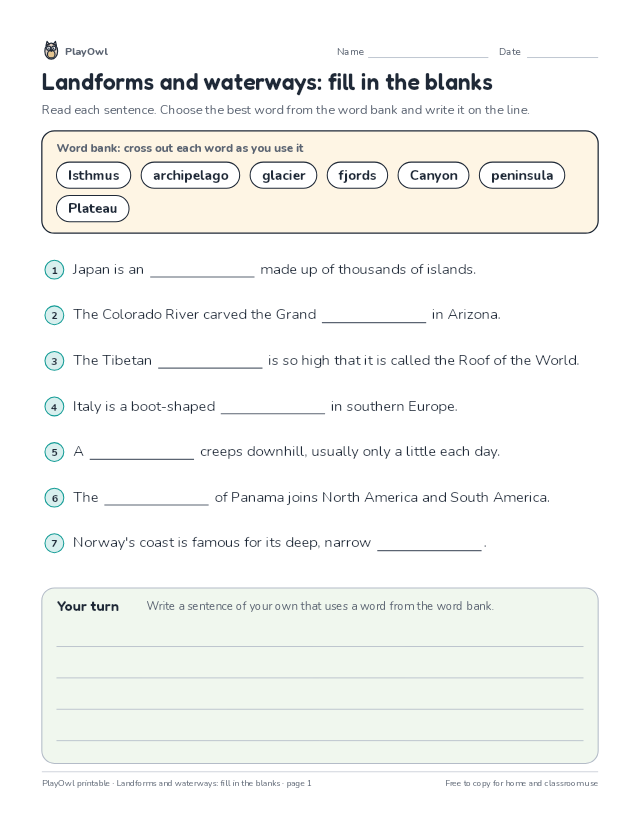 Landforms and waterways: fill in the blanks: fill-in-the-blank worksheet for Grade 4, page 1 preview
