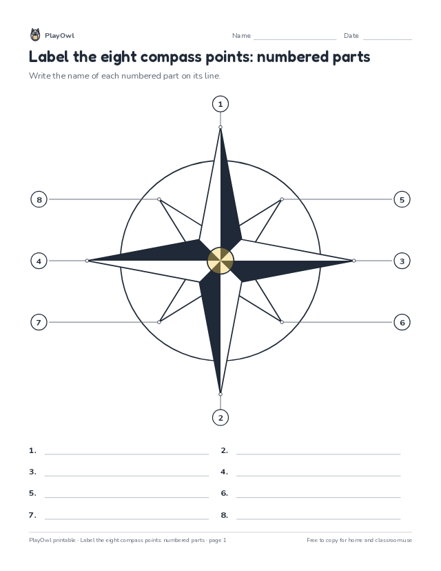 Label the eight compass points: numbered parts: geography diagram worksheet for Grades 4–5, page 1 preview