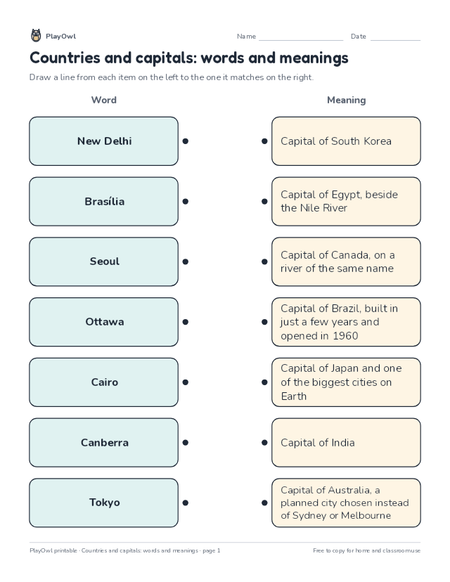 Countries and capitals: words and meanings: matching worksheet for Grade 4, page 1 preview