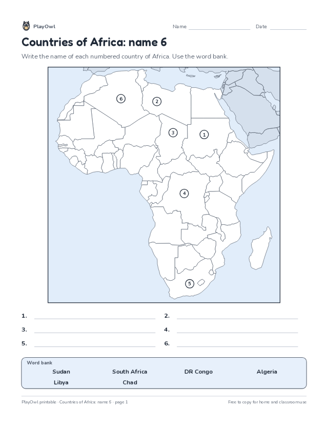 Countries of Africa: name 6: map worksheet for Grade 4, page 1 preview