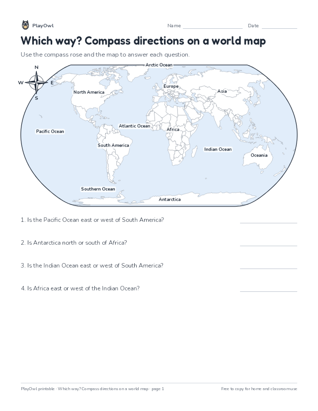 Which way? Compass directions on a world map: map worksheet for Grade 4, page 1 preview