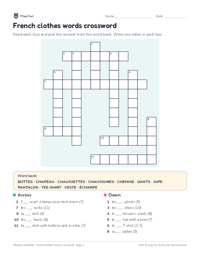 French clothes words crossword: crossword puzzle for Grade 4, page 1 preview