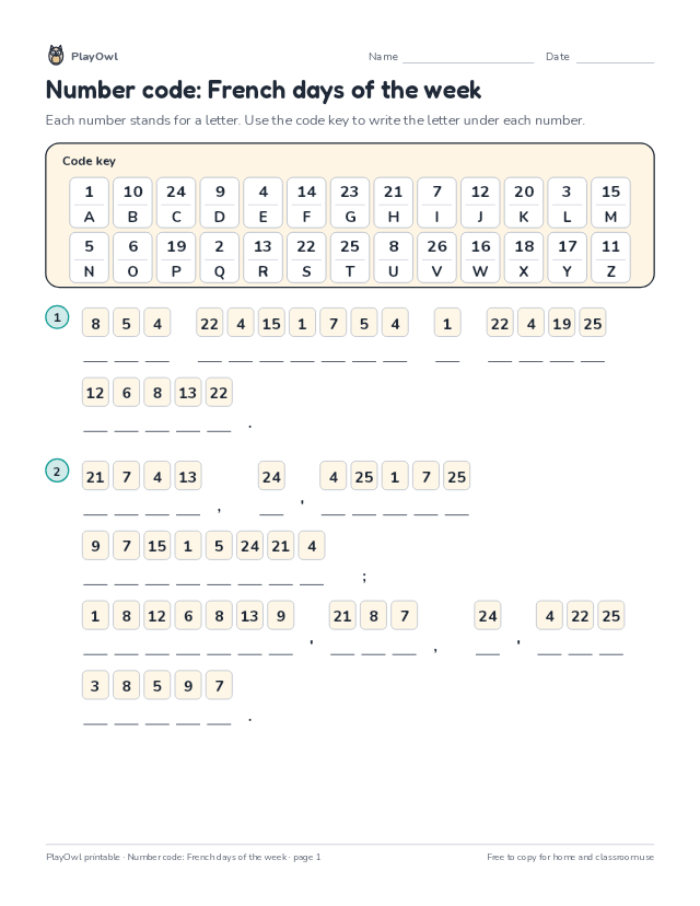Number code: French days of the week: secret code puzzle for Grade 4, page 1 preview