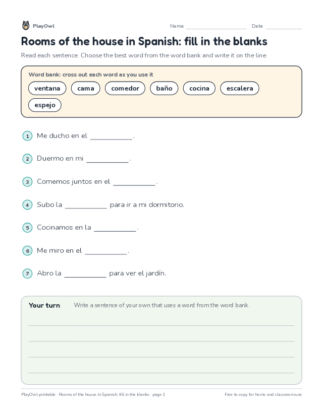 Rooms of the house in Spanish: fill in the blanks: fill-in-the-blank worksheet for Grade 4, page 1 preview