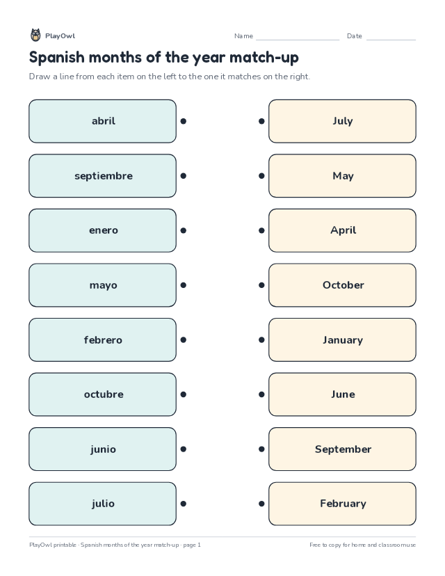 Spanish months of the year match-up: matching worksheet for Grade 4, page 1 preview