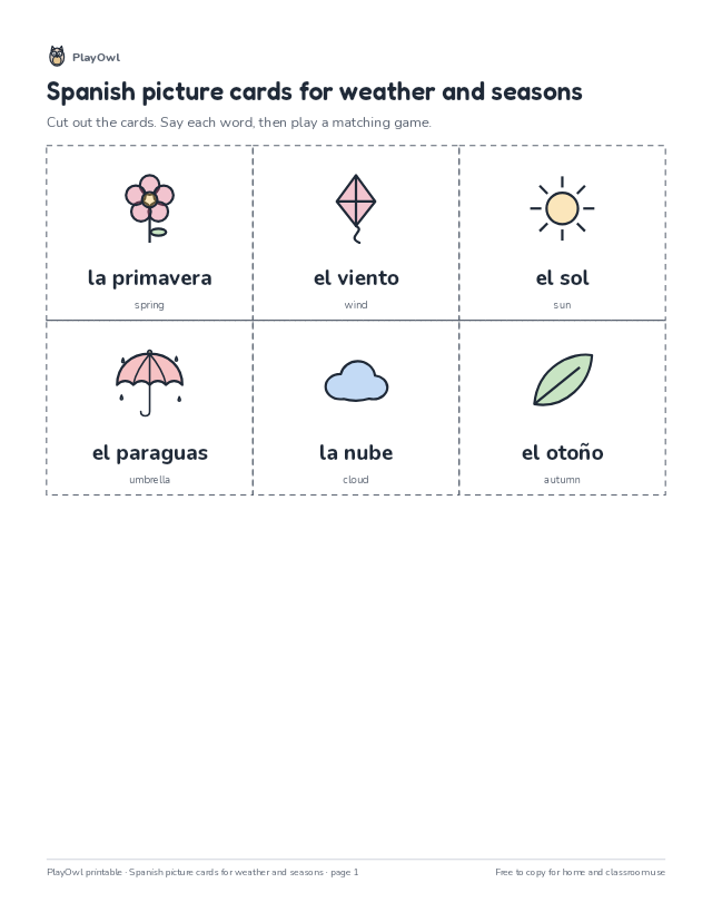 Spanish picture cards for weather and seasons: vocabulary worksheet for Grade 4, page 1 preview