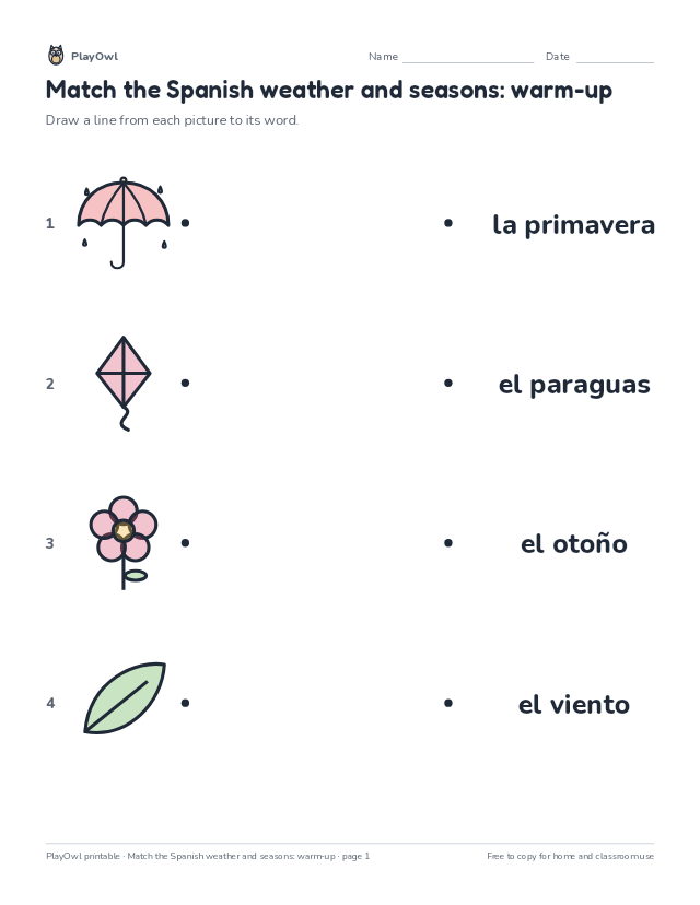 Match the Spanish weather and seasons: warm-up: vocabulary worksheet for Grades 4–5, page 1 preview