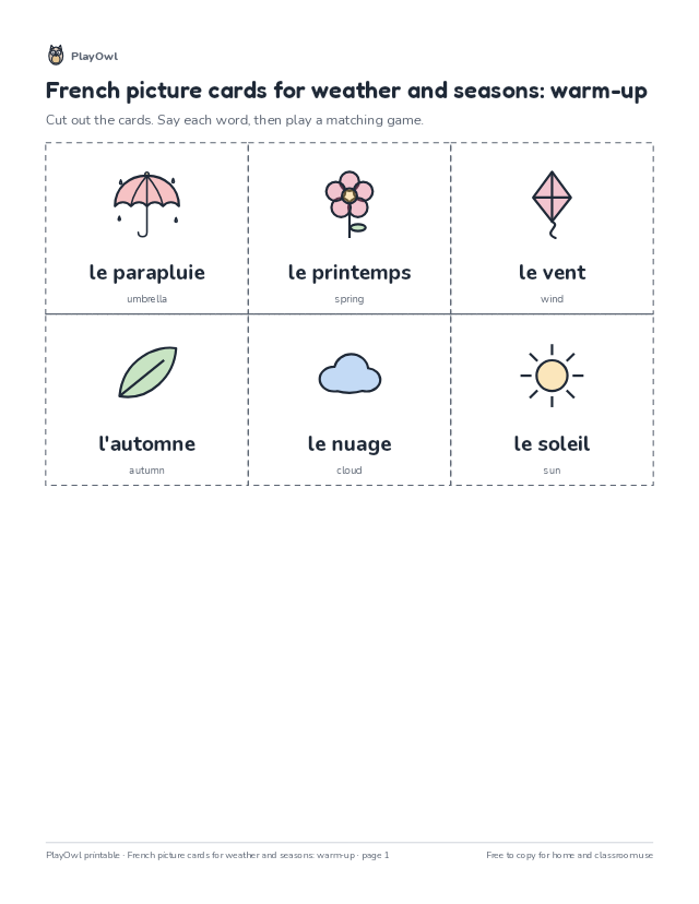 French picture cards for weather and seasons: warm-up: vocabulary worksheet for Grades 4–5, page 1 preview