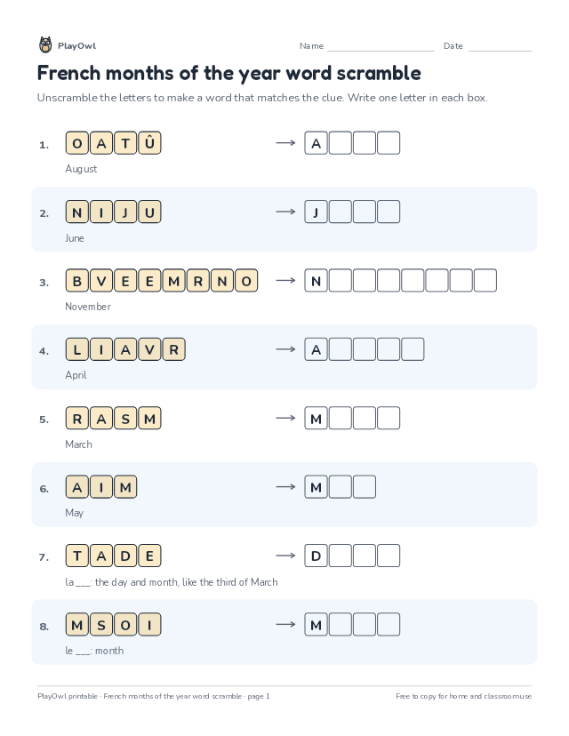 French months of the year word scramble: word scramble for Grade 4, page 1 preview