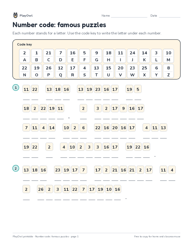 Number code: famous puzzles: secret code puzzle for Grade 4, page 1 preview