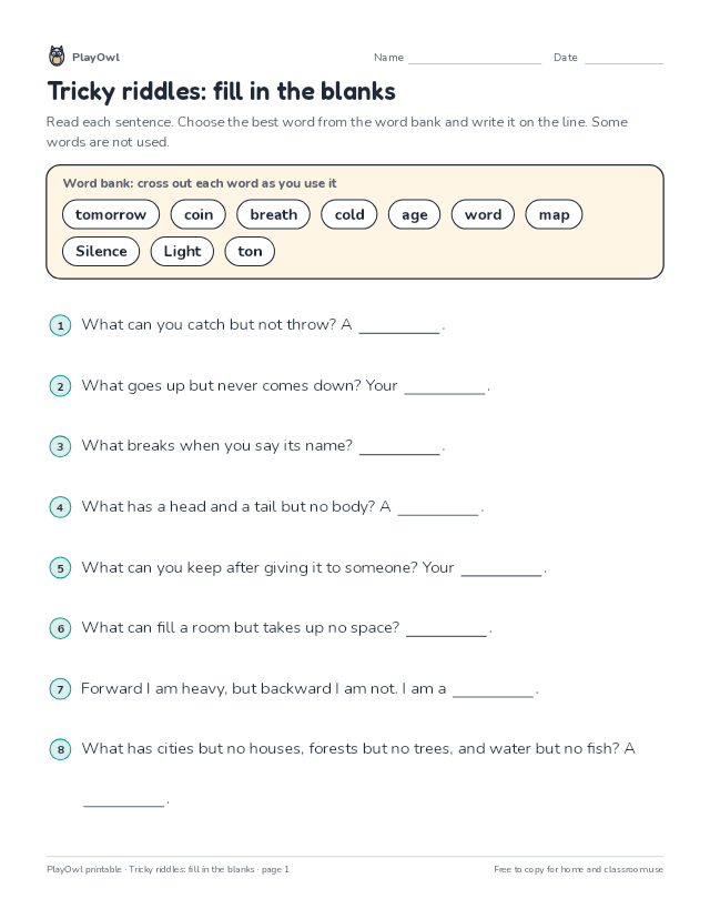 Tricky riddles: fill in the blanks: fill-in-the-blank worksheet for Grades 4–5, page 1 preview