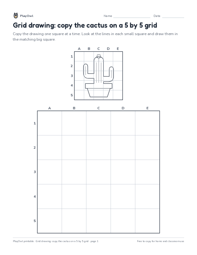 Grid drawing: copy the cactus on a 5 by 5 grid: grid drawing worksheet for Grade 4, page 1 preview