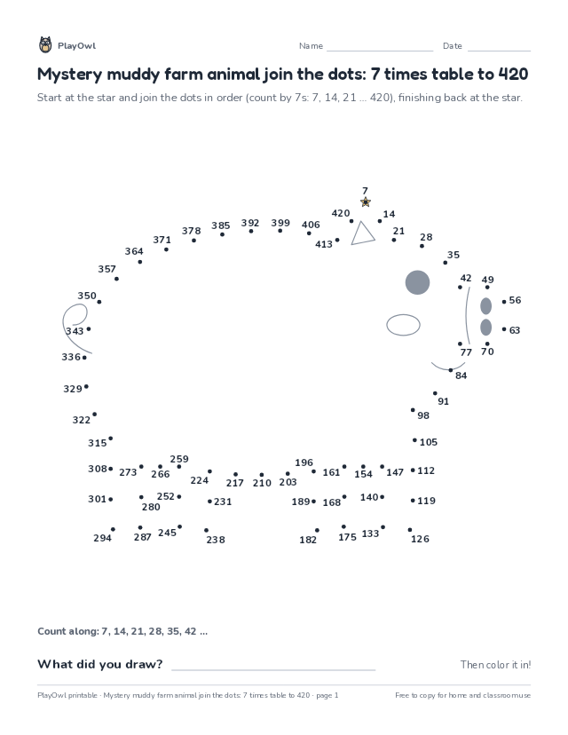Mystery muddy farm animal join the dots: 7 times table to 420: dot-to-dot for Grade 4, page 1 preview