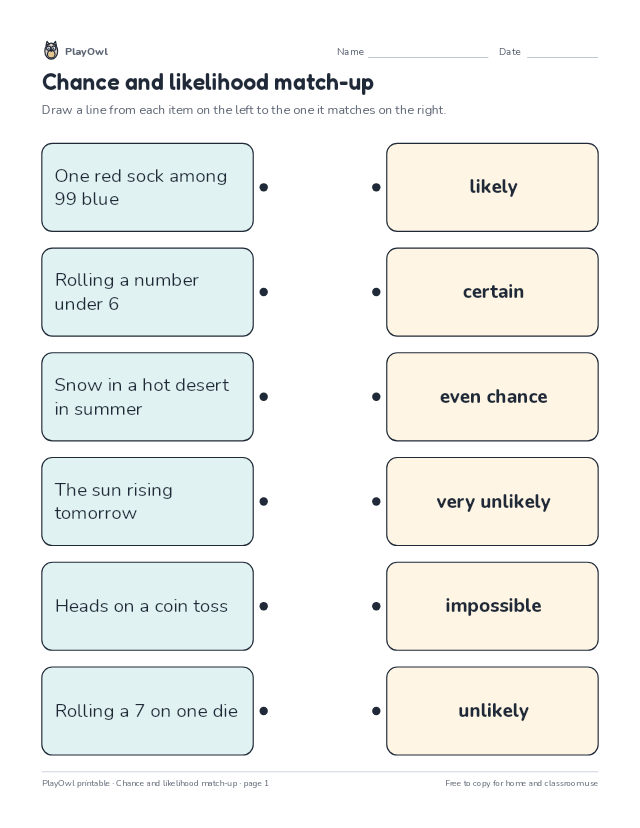 Chance and likelihood match-up: matching worksheet for Grade 4, page 1 preview