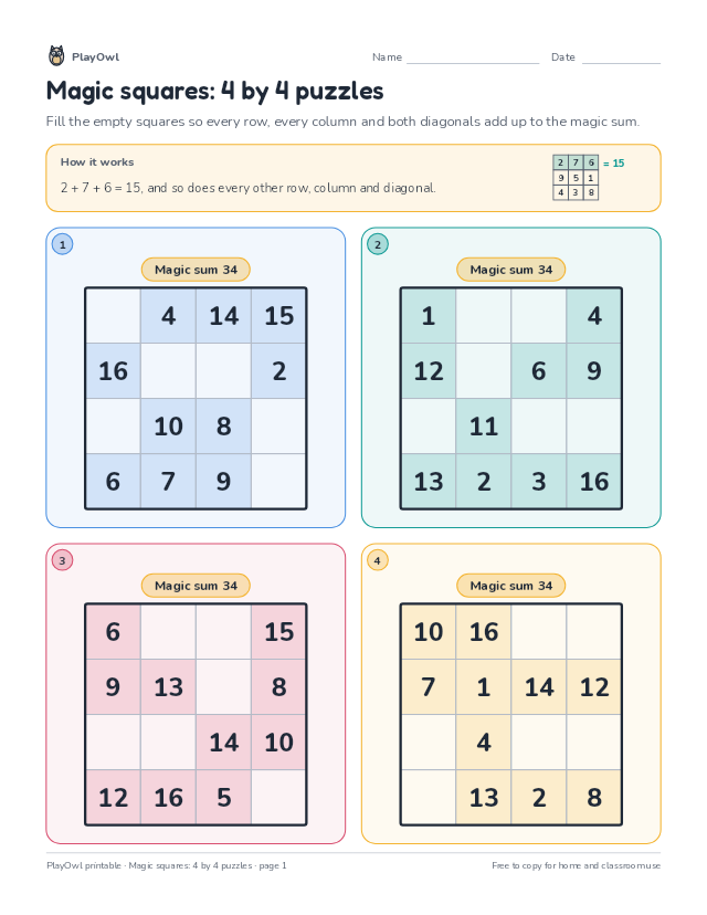 Magic squares: 4 by 4 puzzles: math puzzle for Grades 4–5, page 1 preview