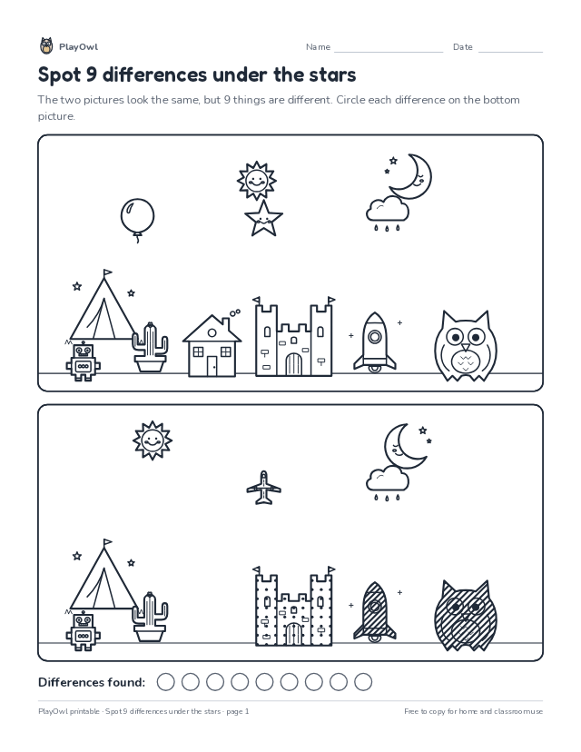Spot 9 differences under the stars: spot the difference puzzle for Grade 4, page 1 preview