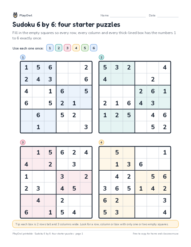 Sudoku 6 by 6: four starter puzzles: sudoku puzzle for Grades 4–5, page 1 preview