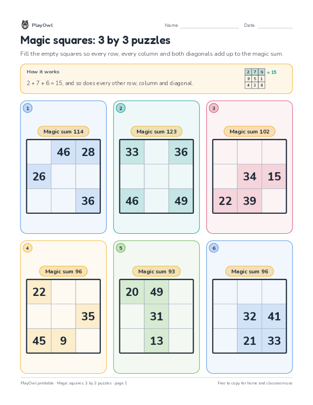 Magic squares: 3 by 3 puzzles: math puzzle for Grade 4, page 1 preview