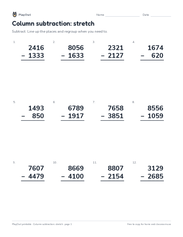 Column subtraction: stretch: math worksheet for Grade 4, page 1 preview