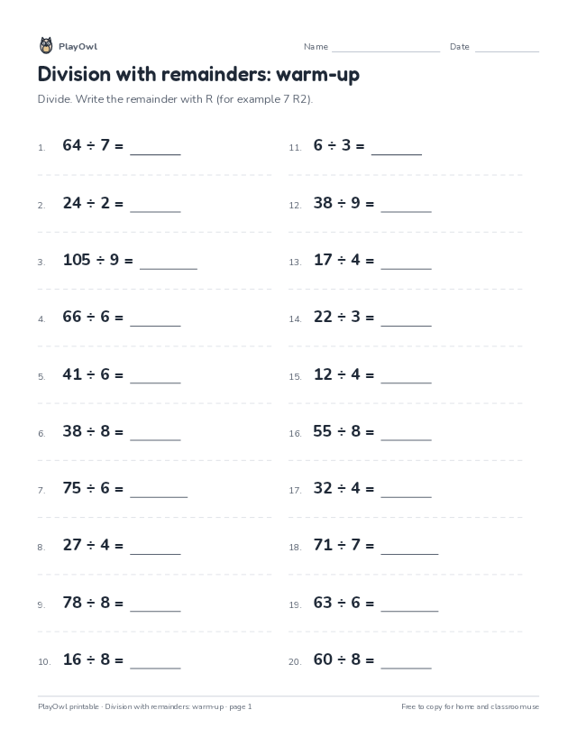 Division with remainders: warm-up: math worksheet for Grade 4, page 1 preview