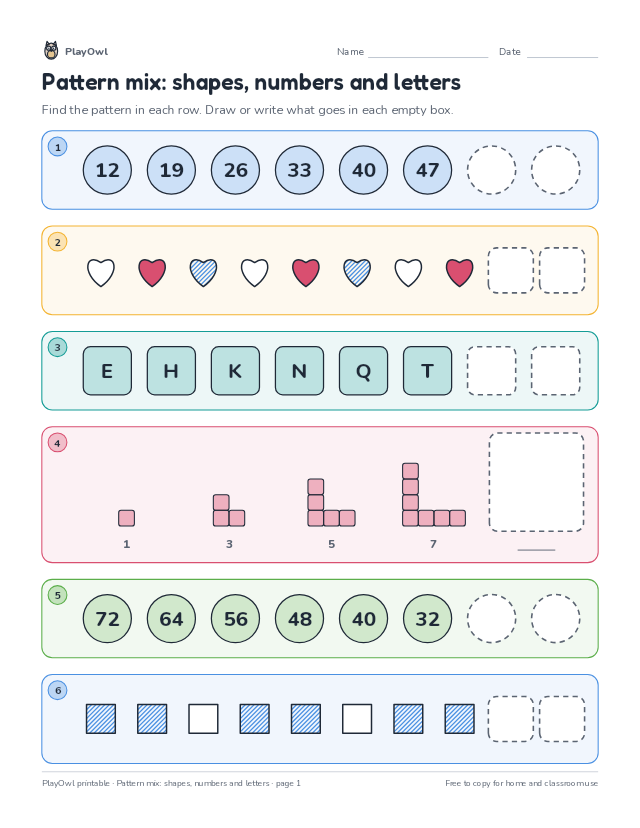 Pattern mix: shapes, numbers and letters: math pattern worksheet for Grade 4, page 1 preview