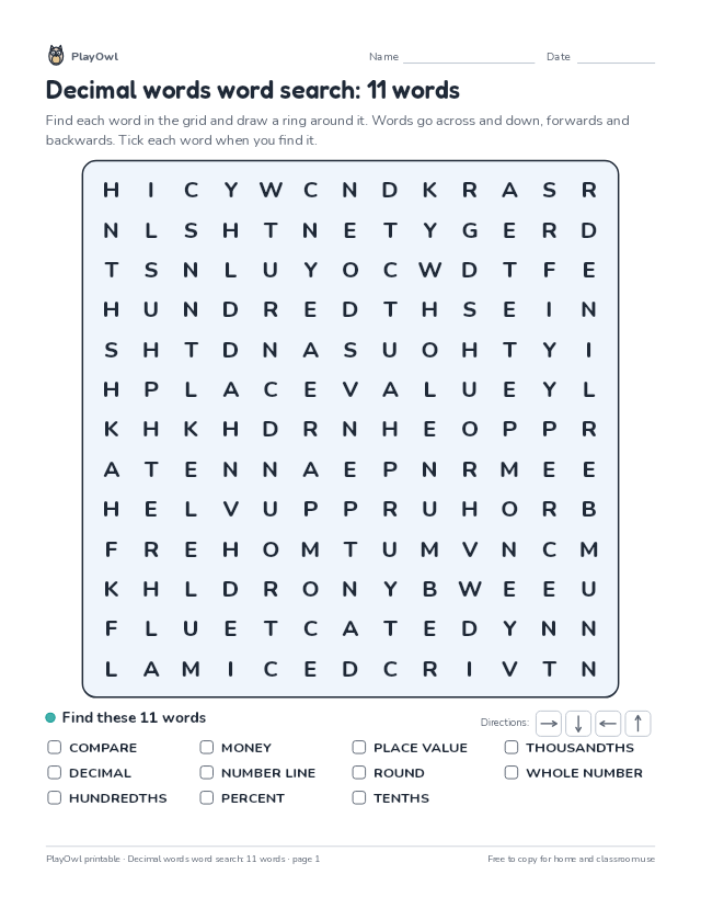 Decimal words word search: 11 words: word search for Grade 4, page 1 preview
