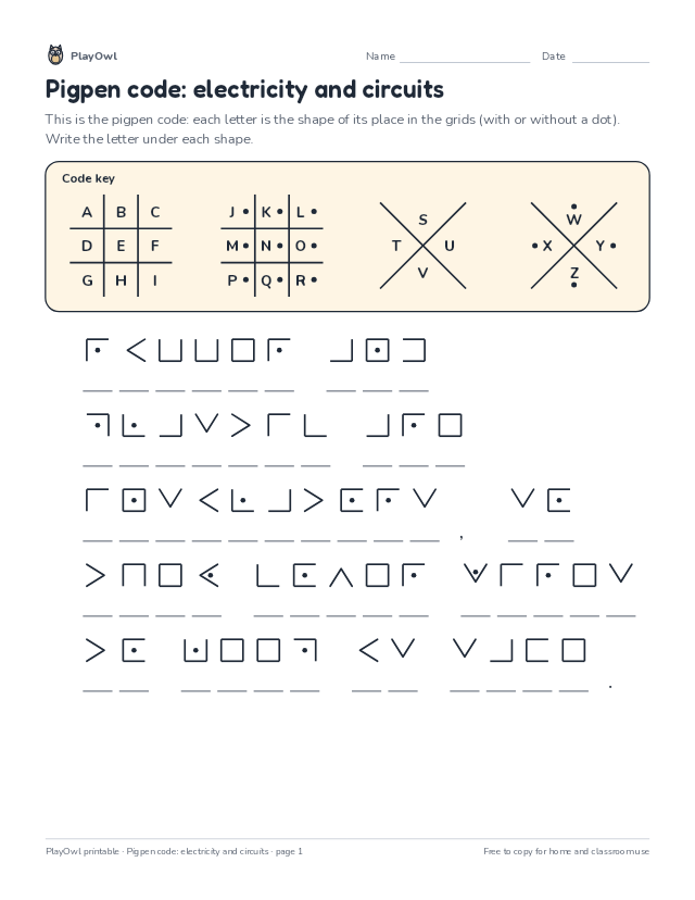 Pigpen code: electricity and circuits: secret code puzzle for Grade 4, page 1 preview