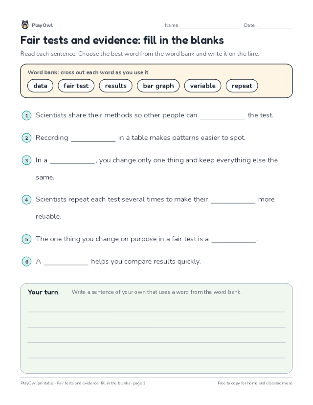 Fair tests and evidence: fill in the blanks: fill-in-the-blank worksheet for Grade 4, page 1 preview