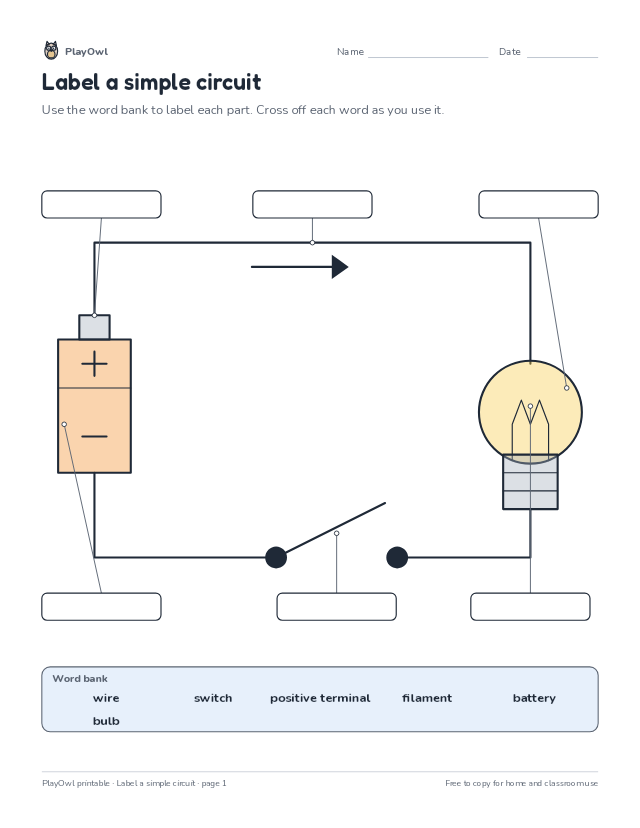 Label a simple circuit: science diagram worksheet for Grade 4, page 1 preview