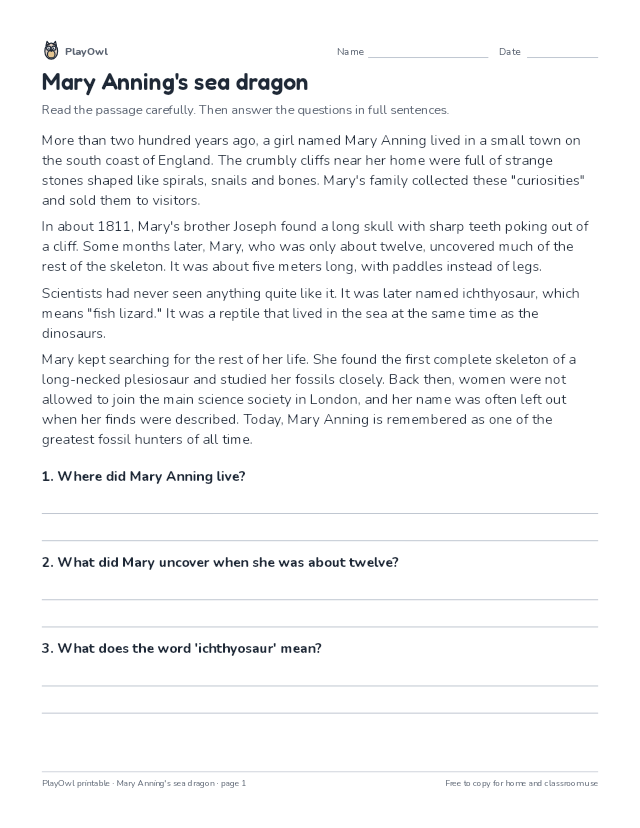 Mary Anning's sea dragon: reading passage for Grade 4, page 1 preview