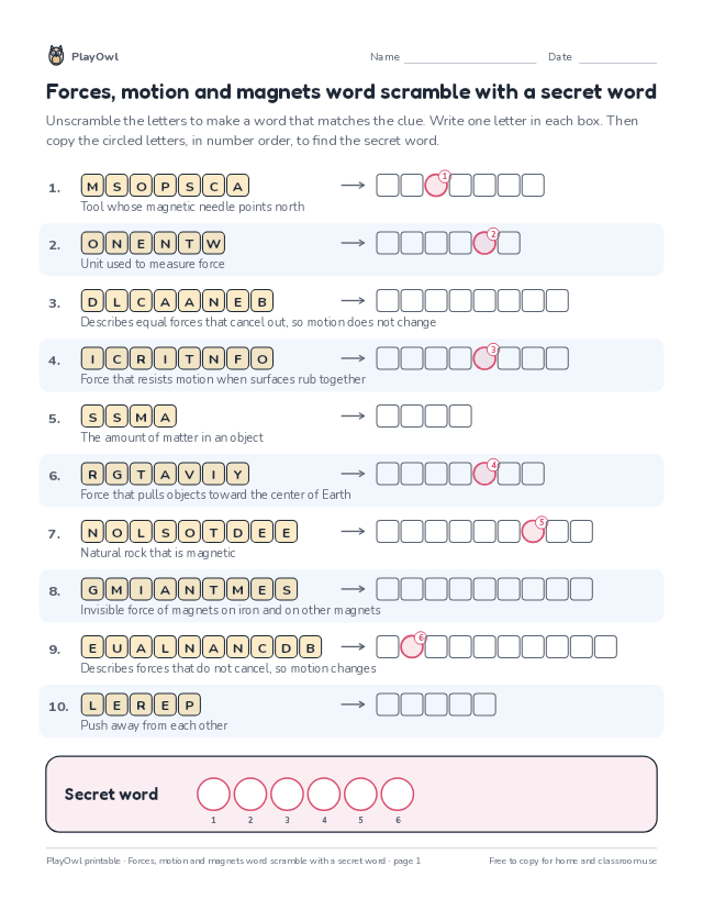 Forces, motion and magnets word scramble with a secret word: word scramble for Grade 4, page 1 preview