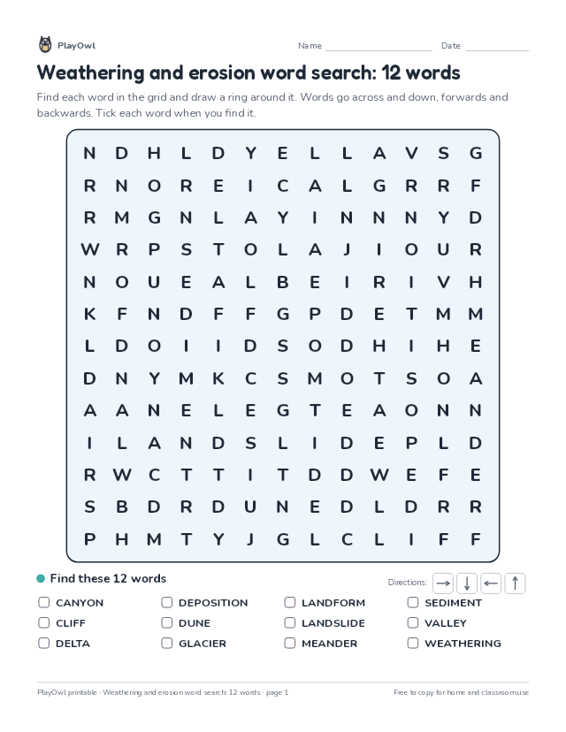 Weathering and erosion word search: 12 words: word search for Grade 4, page 1 preview