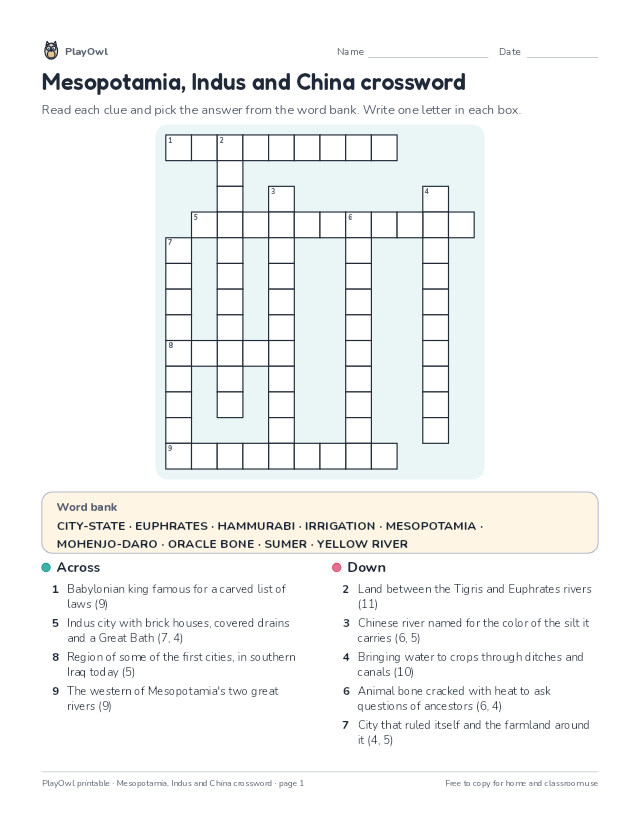 Mesopotamia, Indus and China crossword: crossword puzzle for Grades 4–5, page 1 preview