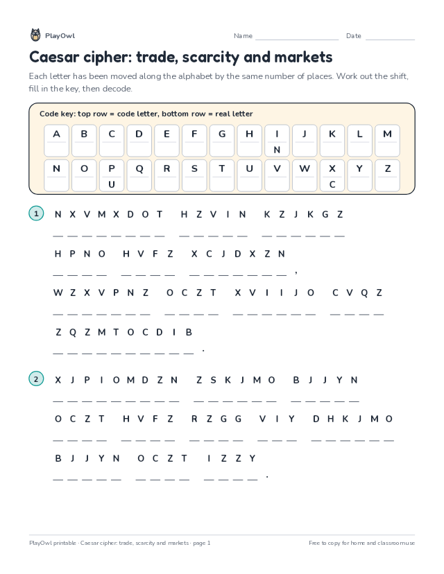 Caesar cipher: trade, scarcity and markets: secret code puzzle for Grade 4, page 1 preview